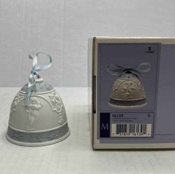 1994 Lladro White and Gray Angel Bell with Blue Ribbon - Picture 1 of 4